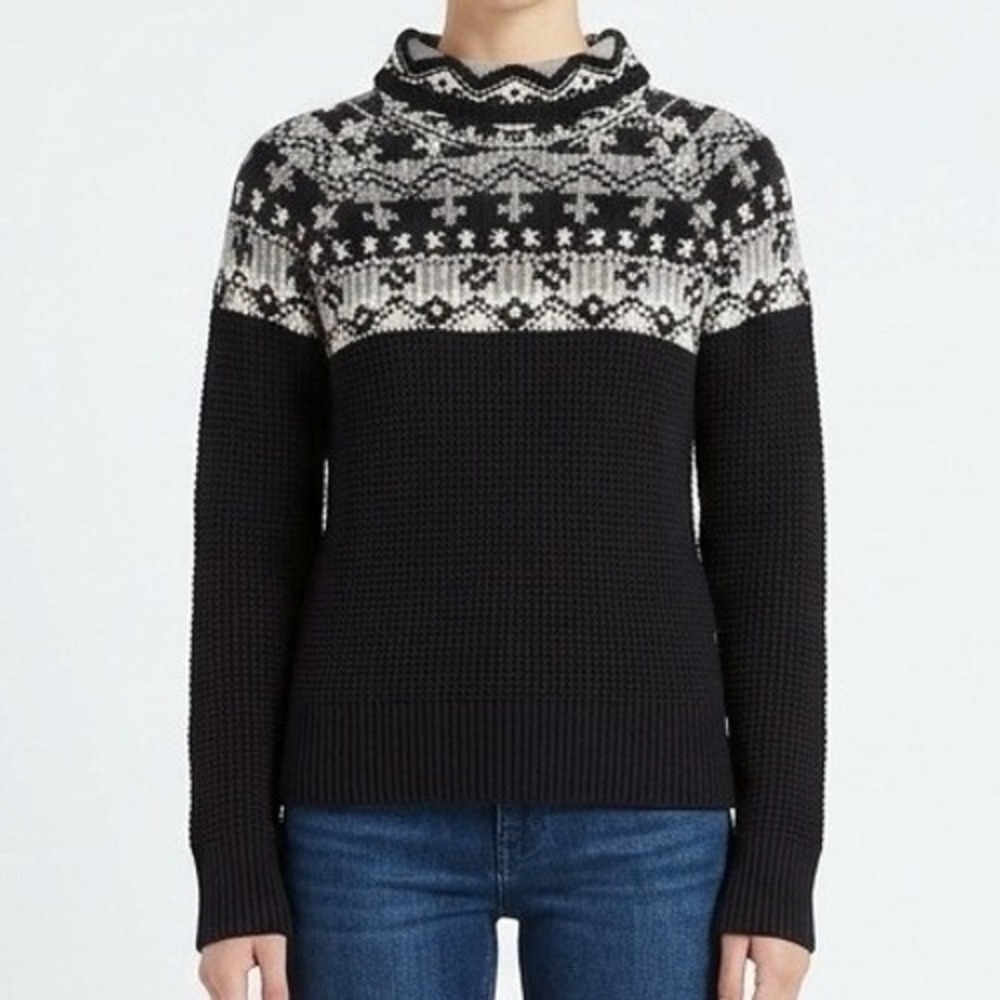 Columbia Pine Street Jacquard Pullover Womens XS Black Fair Isle Waffle Knit